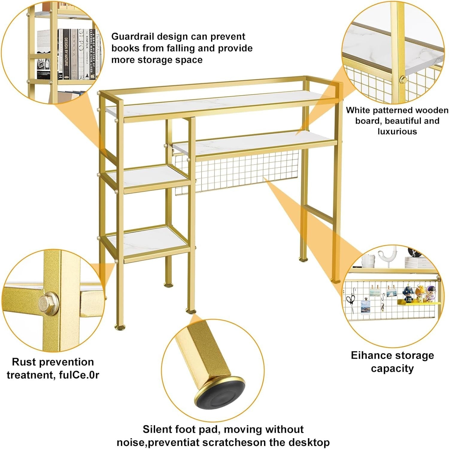37.5" Gold Metal Desk Hutch Shelf | 4-Tier Desktop Organizer Rack for Monitor