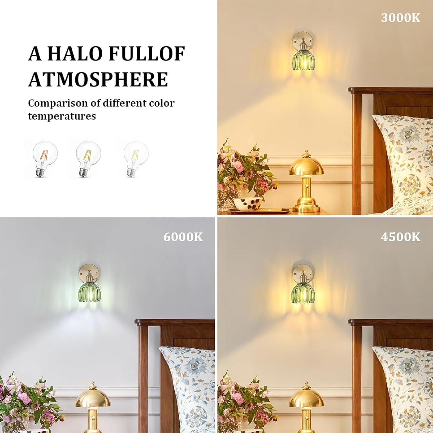 Vintage Wall Sconces Set of 2 Tulip Green Adjustable Brass Wall Lamps