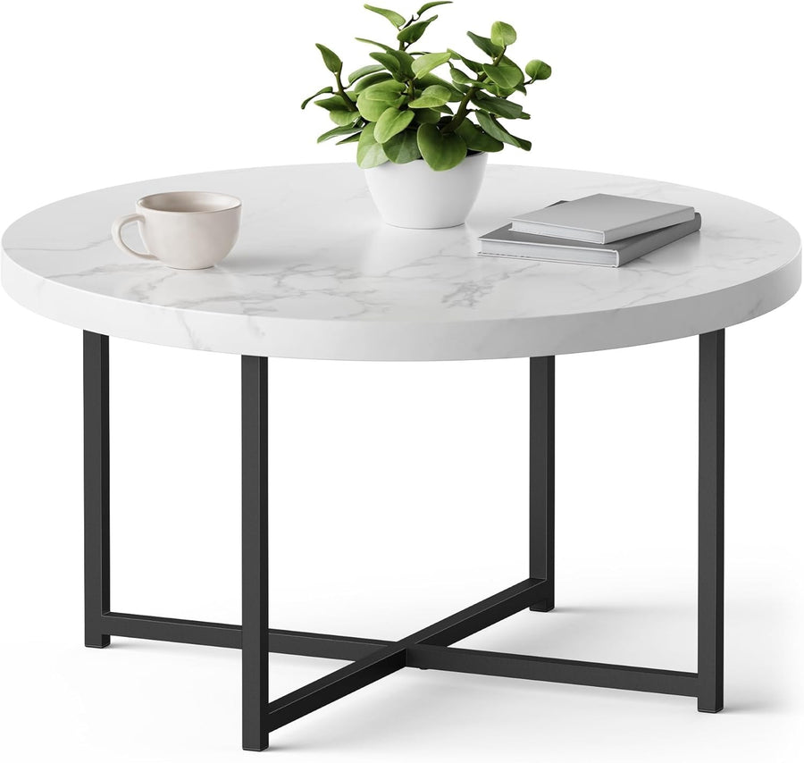 Round Marble Look Coffee Table 80cm White Grey PVC Top with Black Metal Legs