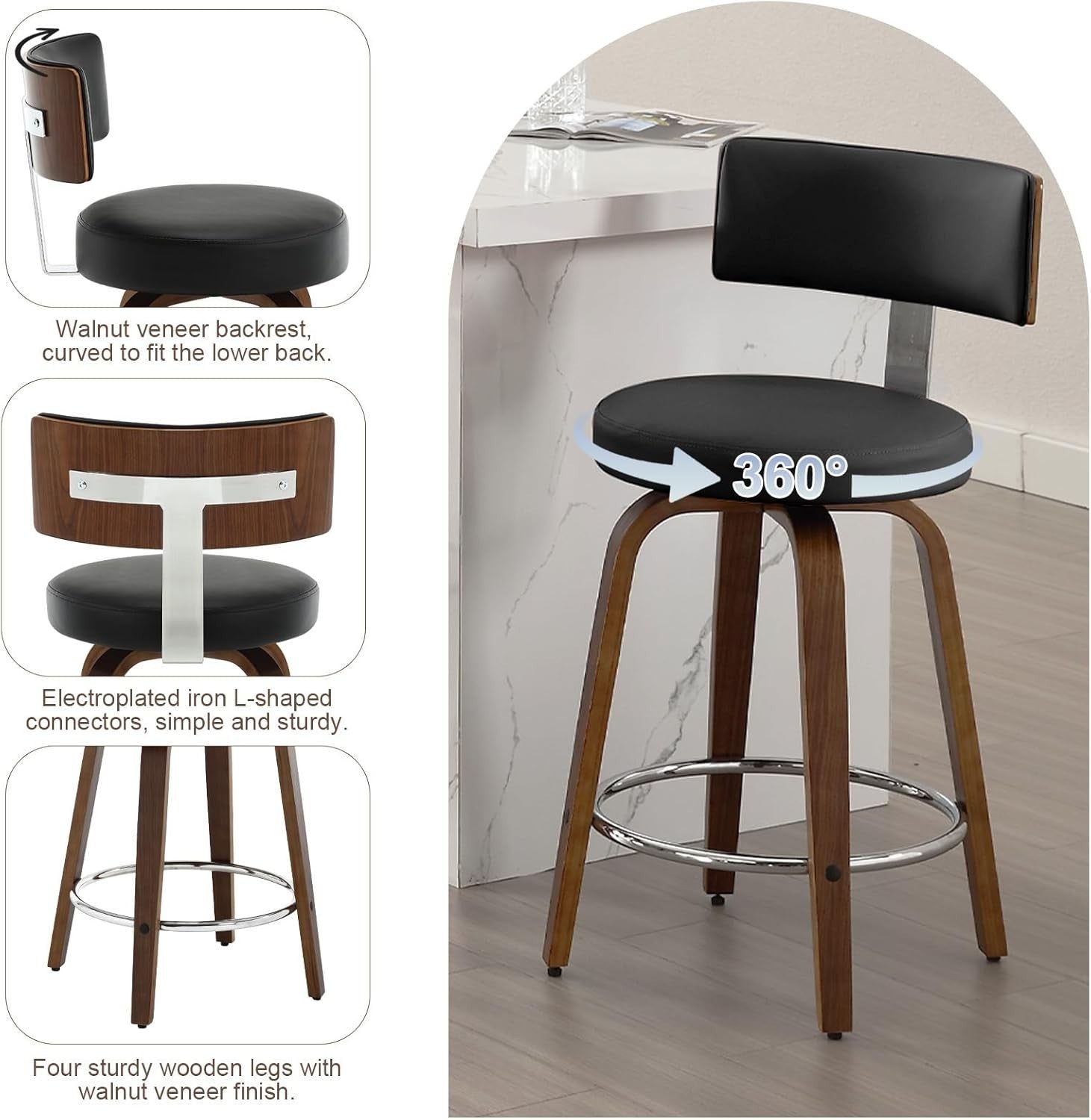 Black Round PU Leather Swivel Bar Stools Set of 2 | Wooden Counter Chairs
