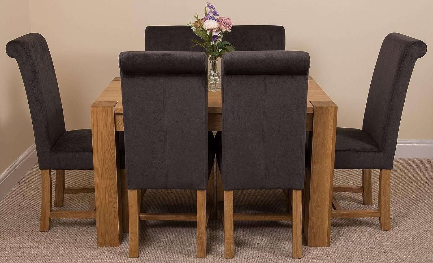 Small Oak Dining Table & 6 Chairs Set, 125x80cm, Dark Grey Fabric, Modern Style