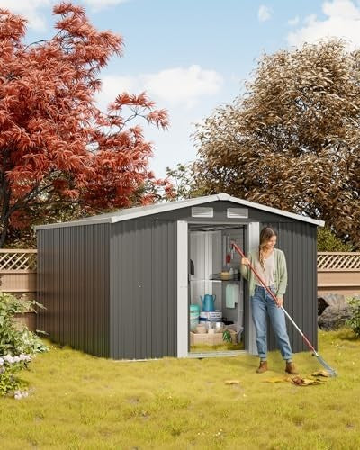 Lockable 10x8 FT Metal Garden Shed with Base Outdoor Storage & Roof