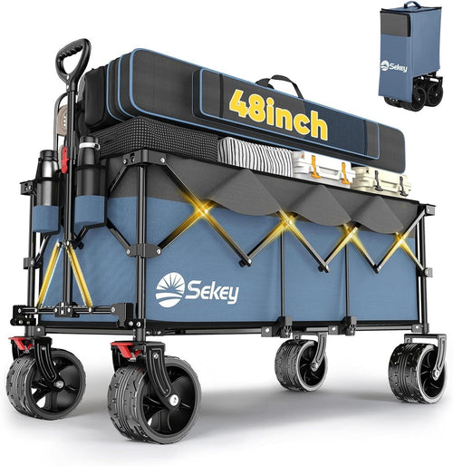 Blue Grey Extra Large Folding Wagon 440lbs Heavy Duty All-Terrain Beach Trolley