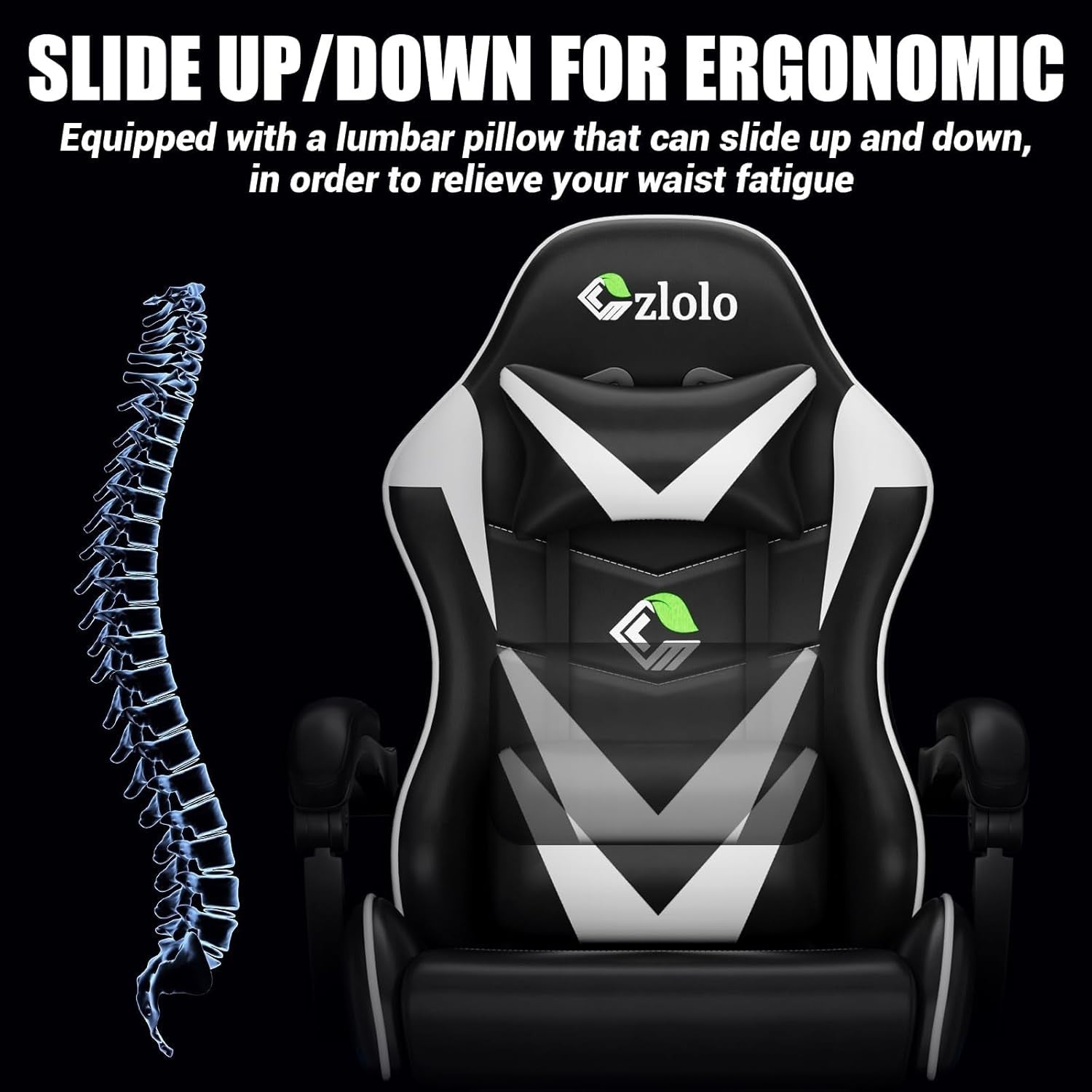 White Gaming Chair w/ Footrest Massage Lumbar Reclining