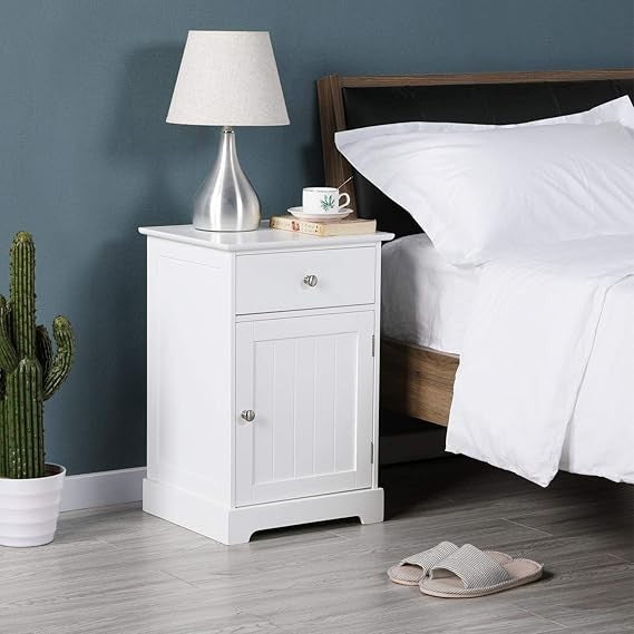 White Bedside Table with Drawer & Cupboard | Wooden Nightstand Storage Unit