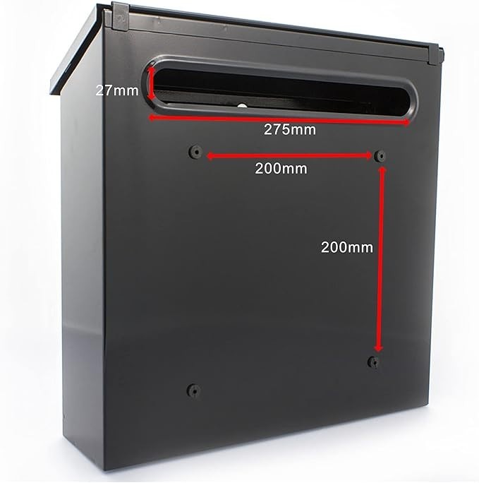 Lockable Weatherproof Steel Post Box Black Secure Mailbox Wall Mount 37x37x12cm