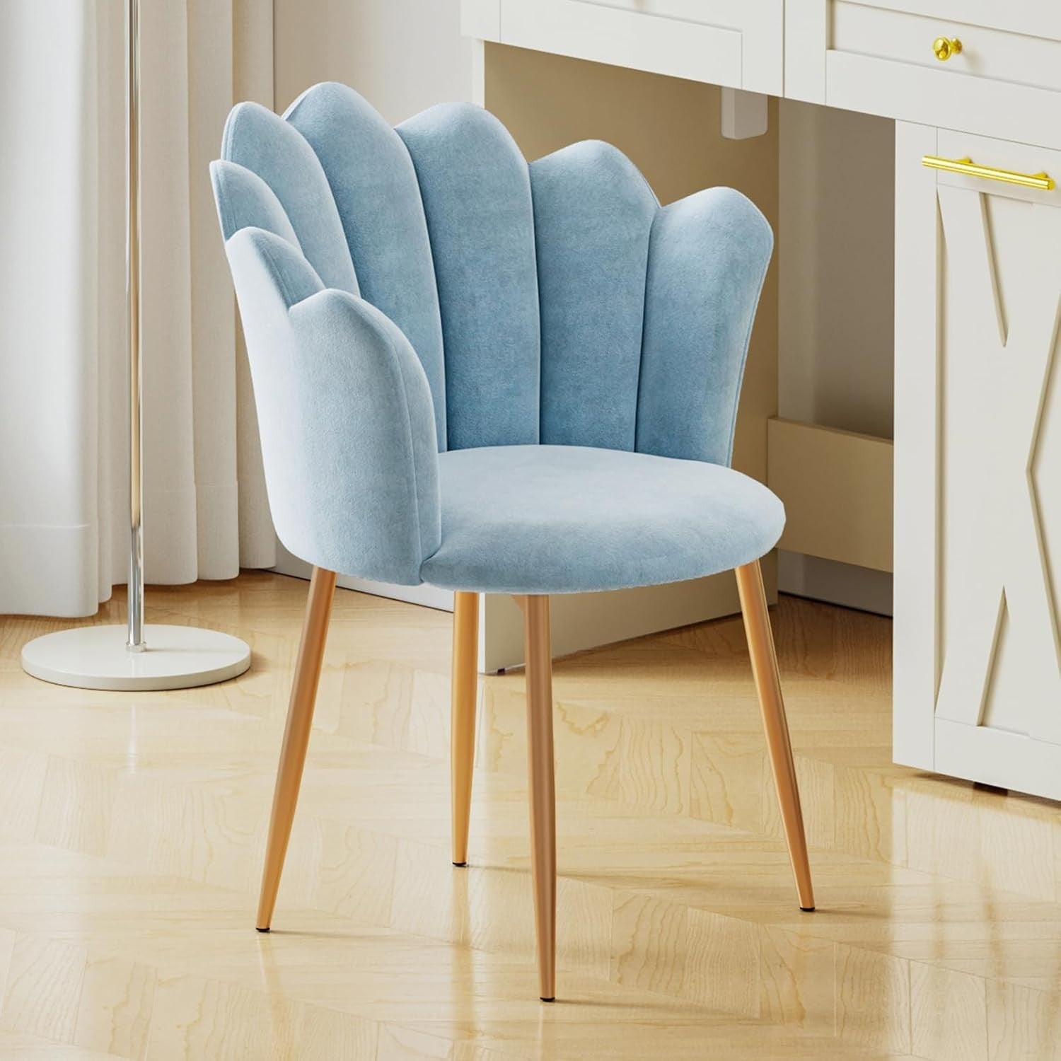 Velvet Vanity Chair Shell Back Gold Metal Legs Light Blue