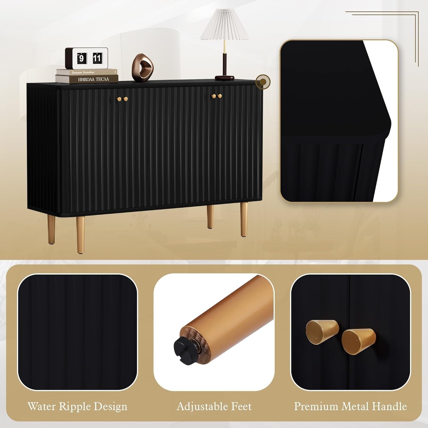Modern 4-Door Buffet Sideboard Cabinet with Gold Accents & Ample Storage