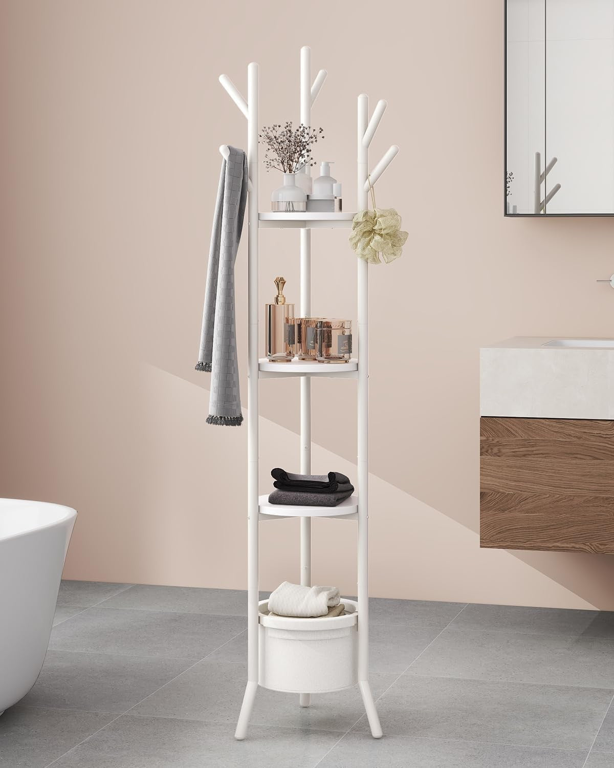 White Freestanding Coat Rack with Shelves | 169cm Metal Hall Tree Stand