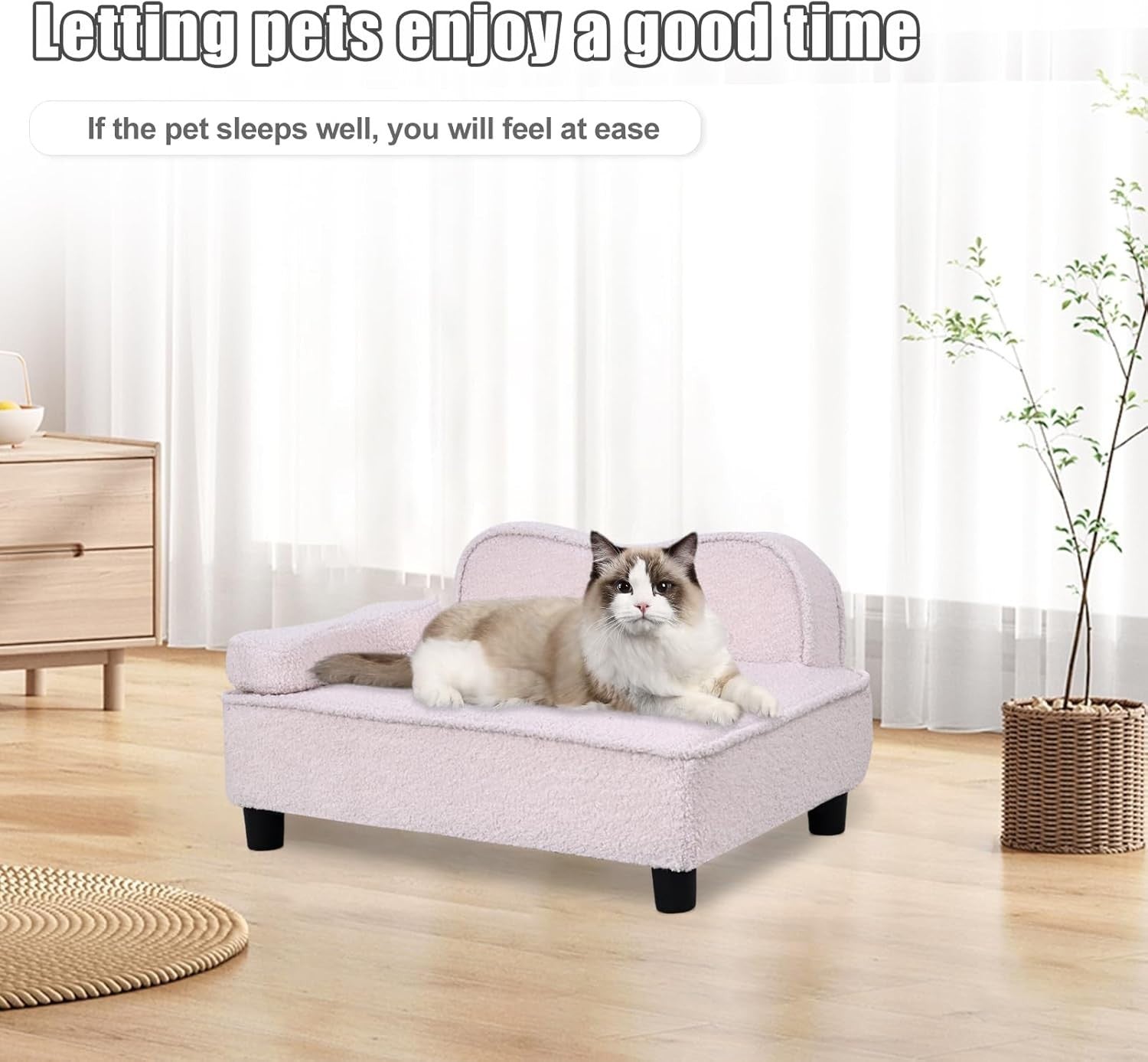 Pet Sofa Bed Teddy Velvet Dog Cat Couch w Wood Base Beige