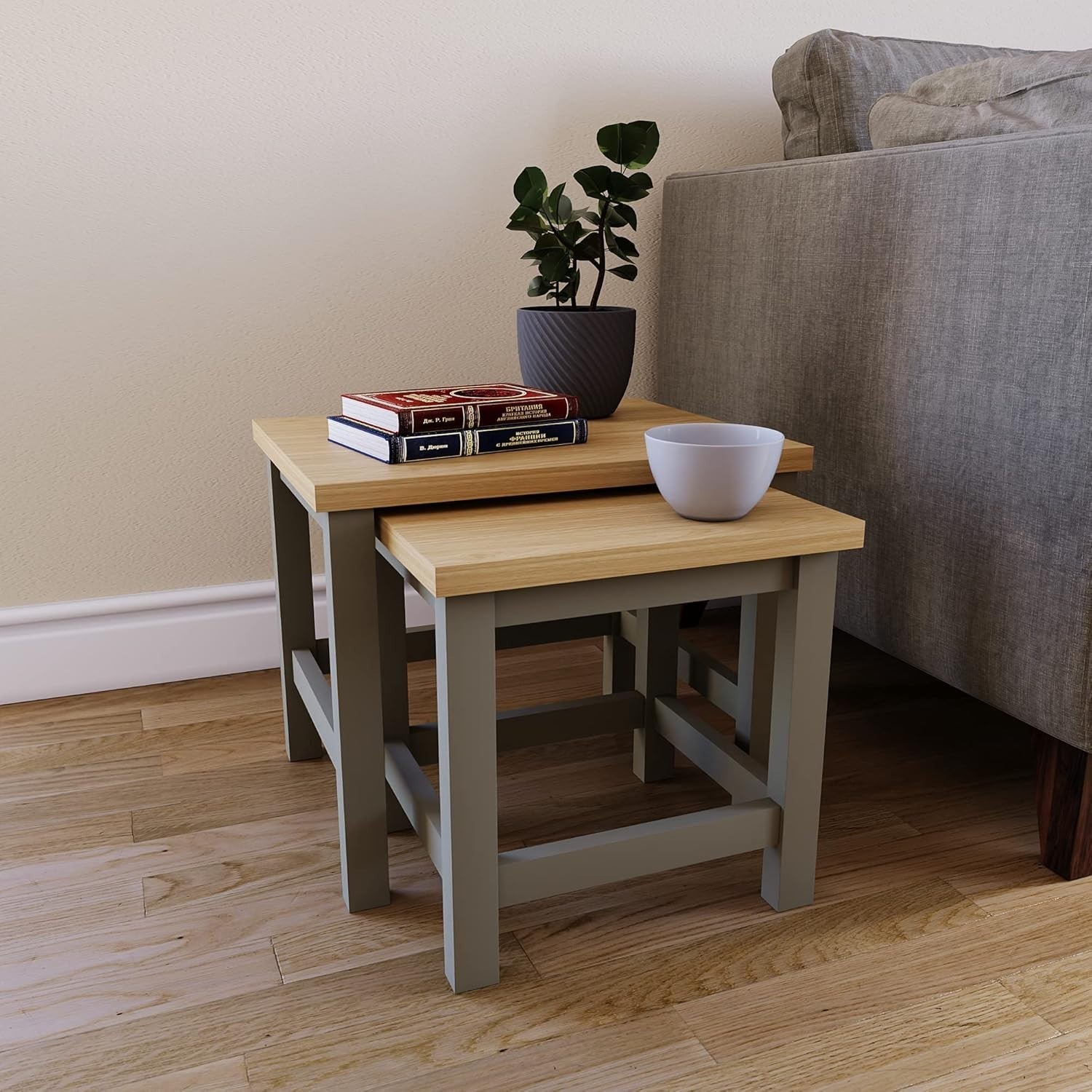 Space Saving Nest of Tables Grey Oak Modern Living Room Coffee End Side Set
