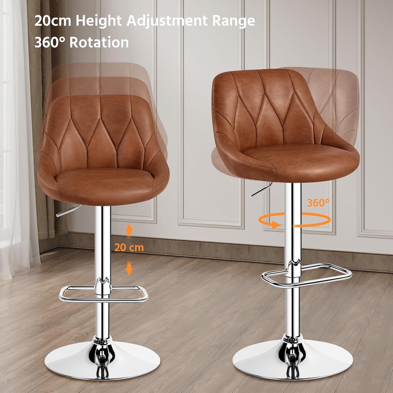 Set of 2 Adjustable Swivel Bar Stools – Retro Brown L-Shape