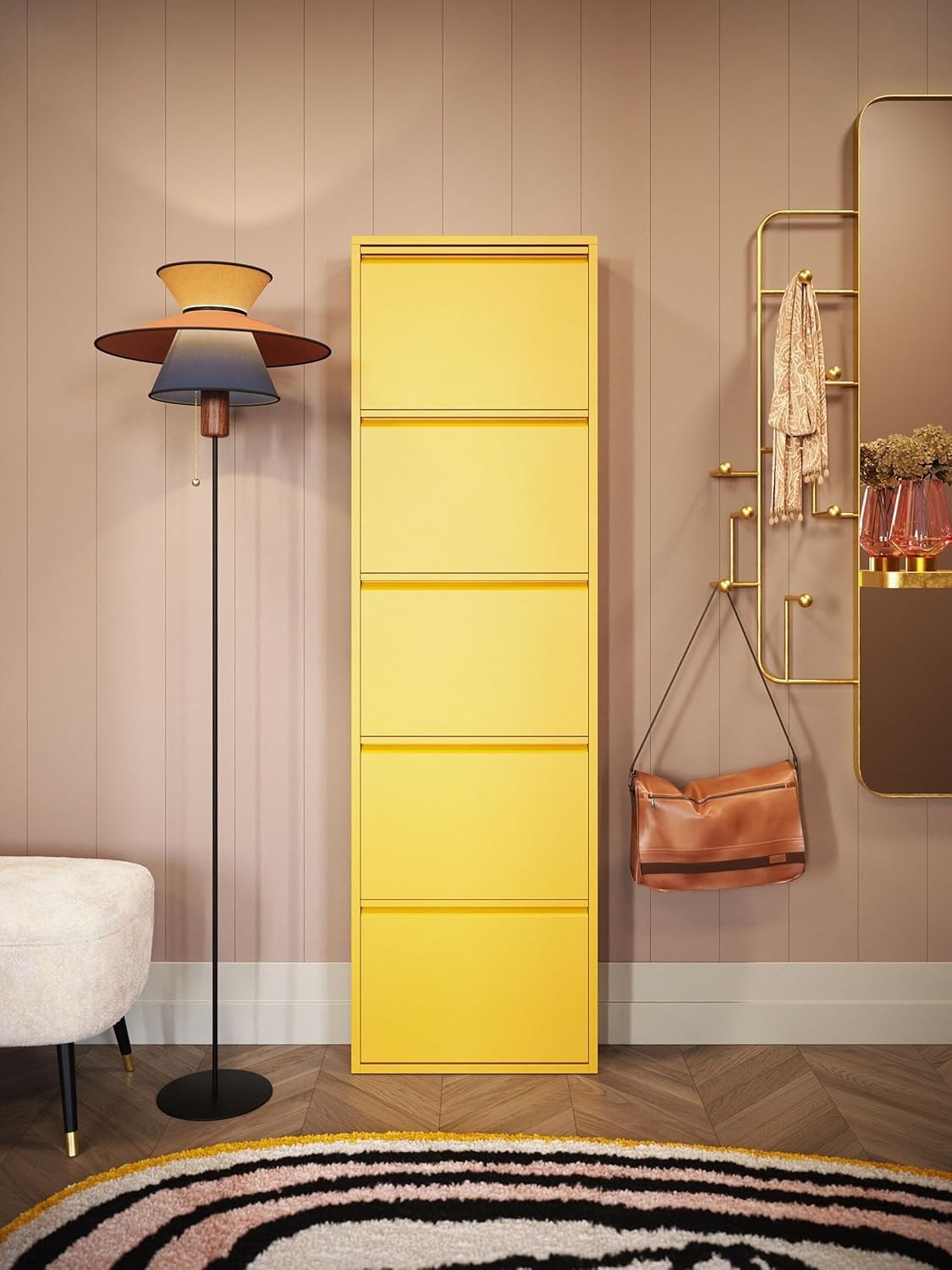Slim 5-Drawer Shoe Cabinet Yellow– Space-Saving Metal Tilt Rack 170x50x15cm