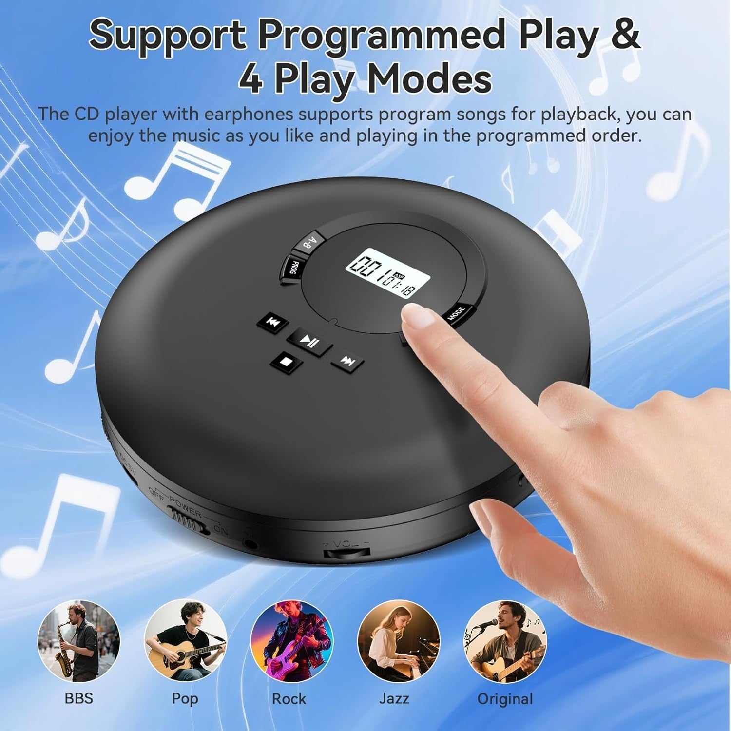 Portable CD Player Anti Skip LCD Earphones AUX PROG Memory Black