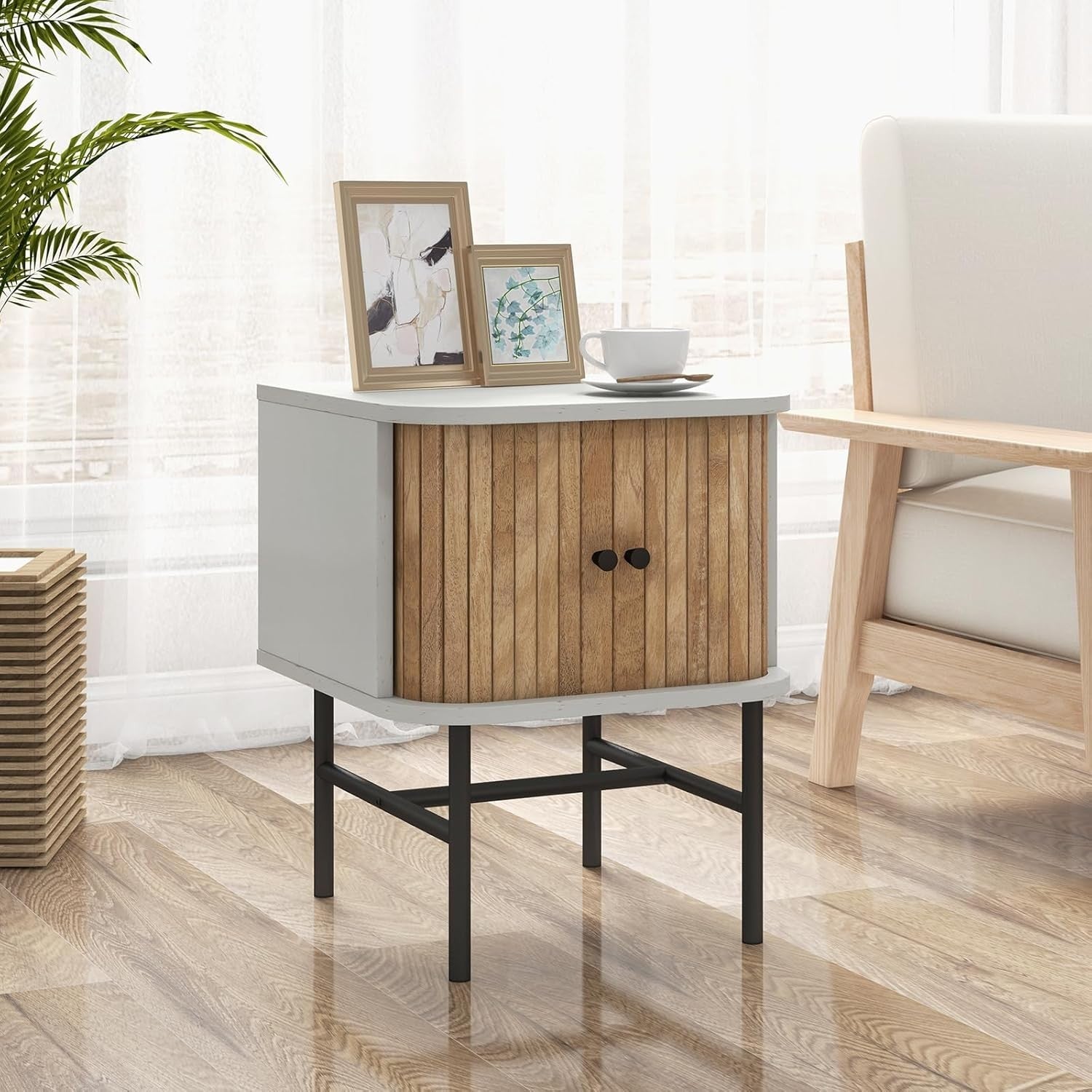 White Bedside Table with Sliding Doors & Metal Legs – Compact Modern Nightstand