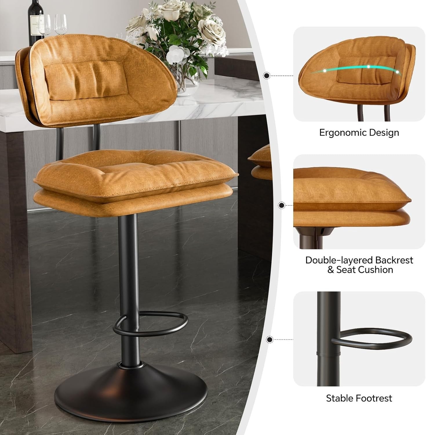 Adjustable Swivel Bar Stools Set of 2 | Orange Faux Leather Counter Height