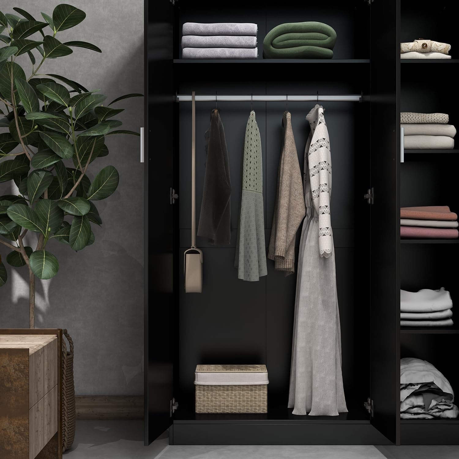 3-Door Mirrored Wardrobe with 6 Storage Compartments & Hanging Rail, Black