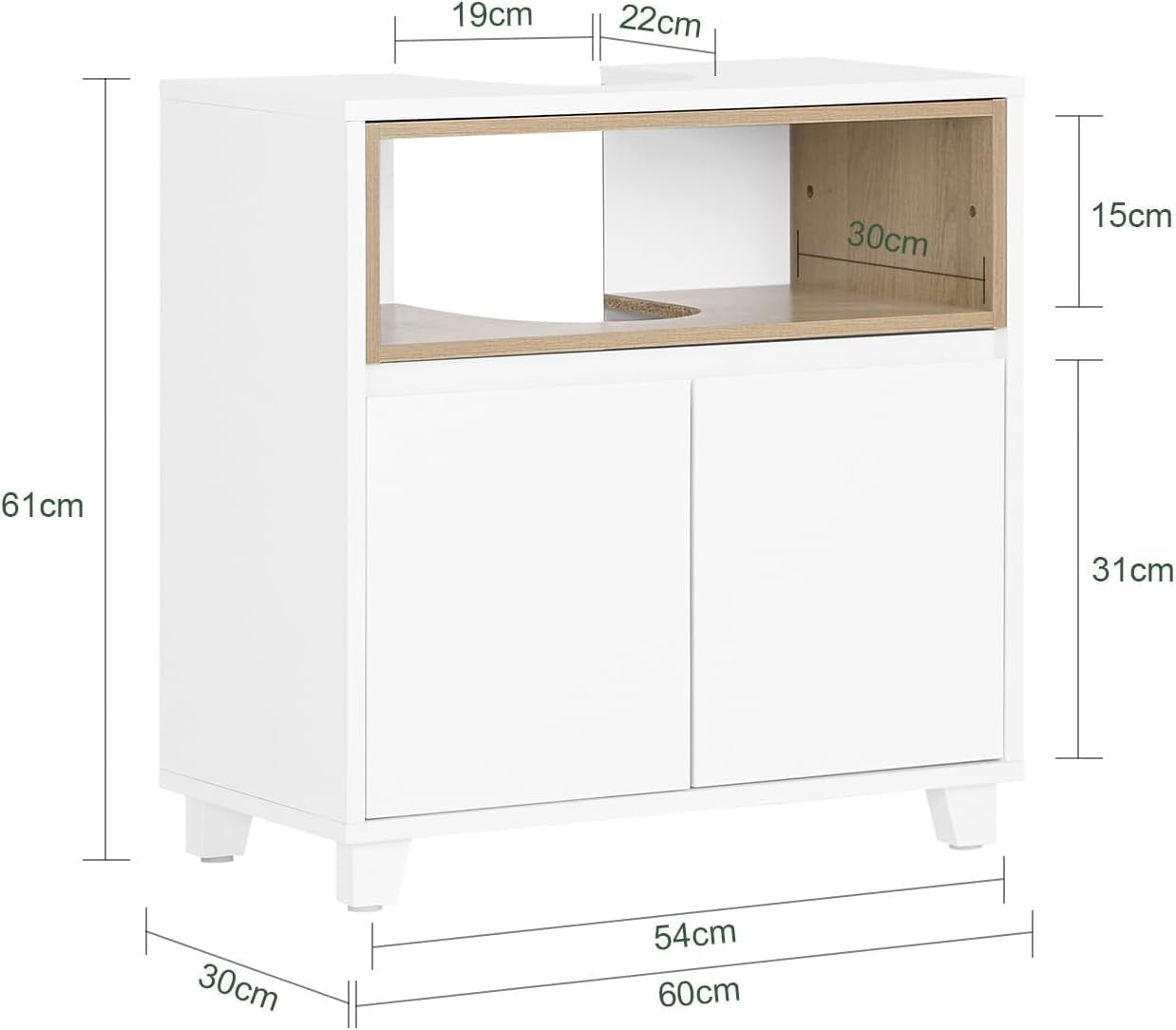 White Under Sink Bathroom Cabinet 60x30x61cm Slim Storage Cupboard Unit