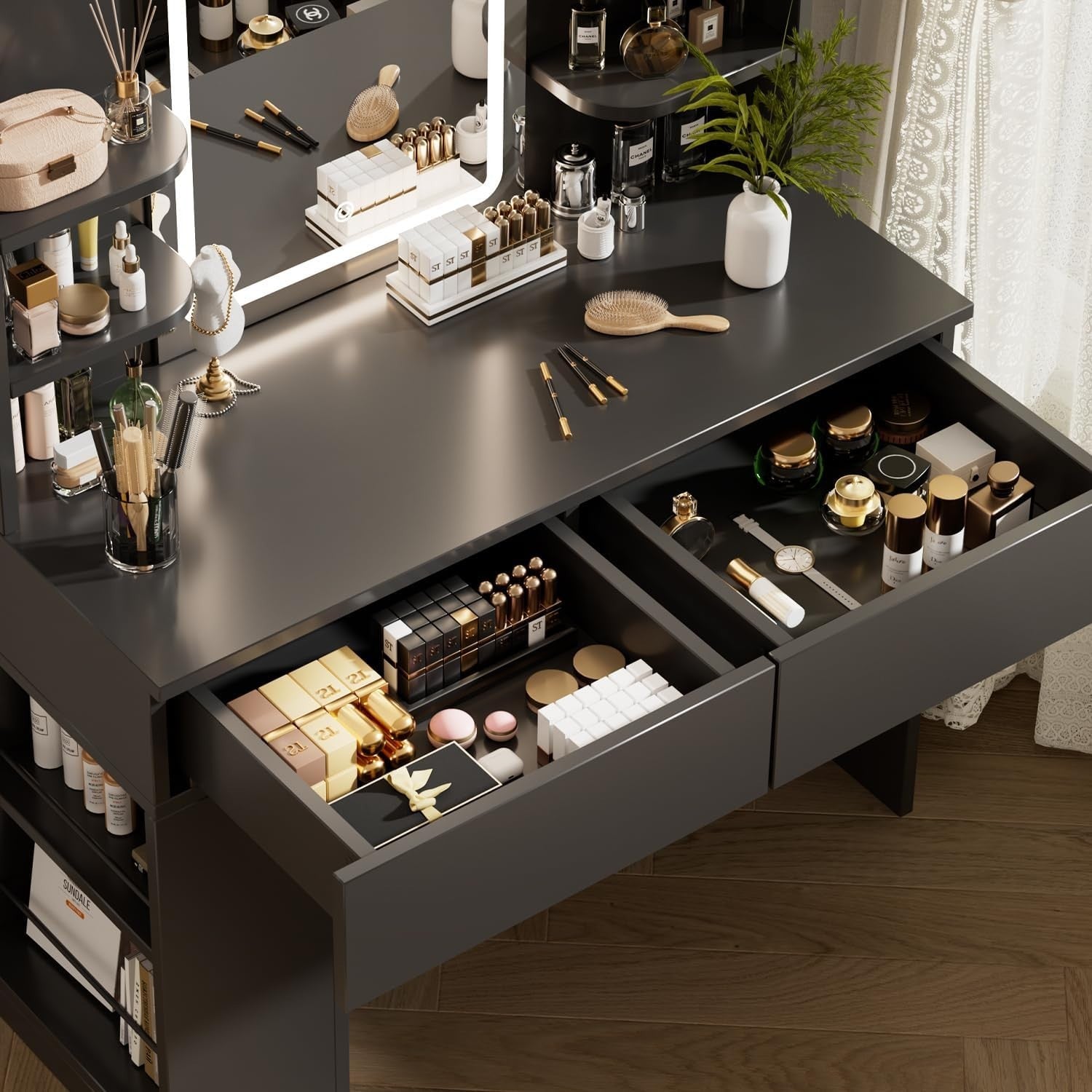 Modern Black Dressing Table Vanity LED Mirror Stool Storage Makeup Desk Wood