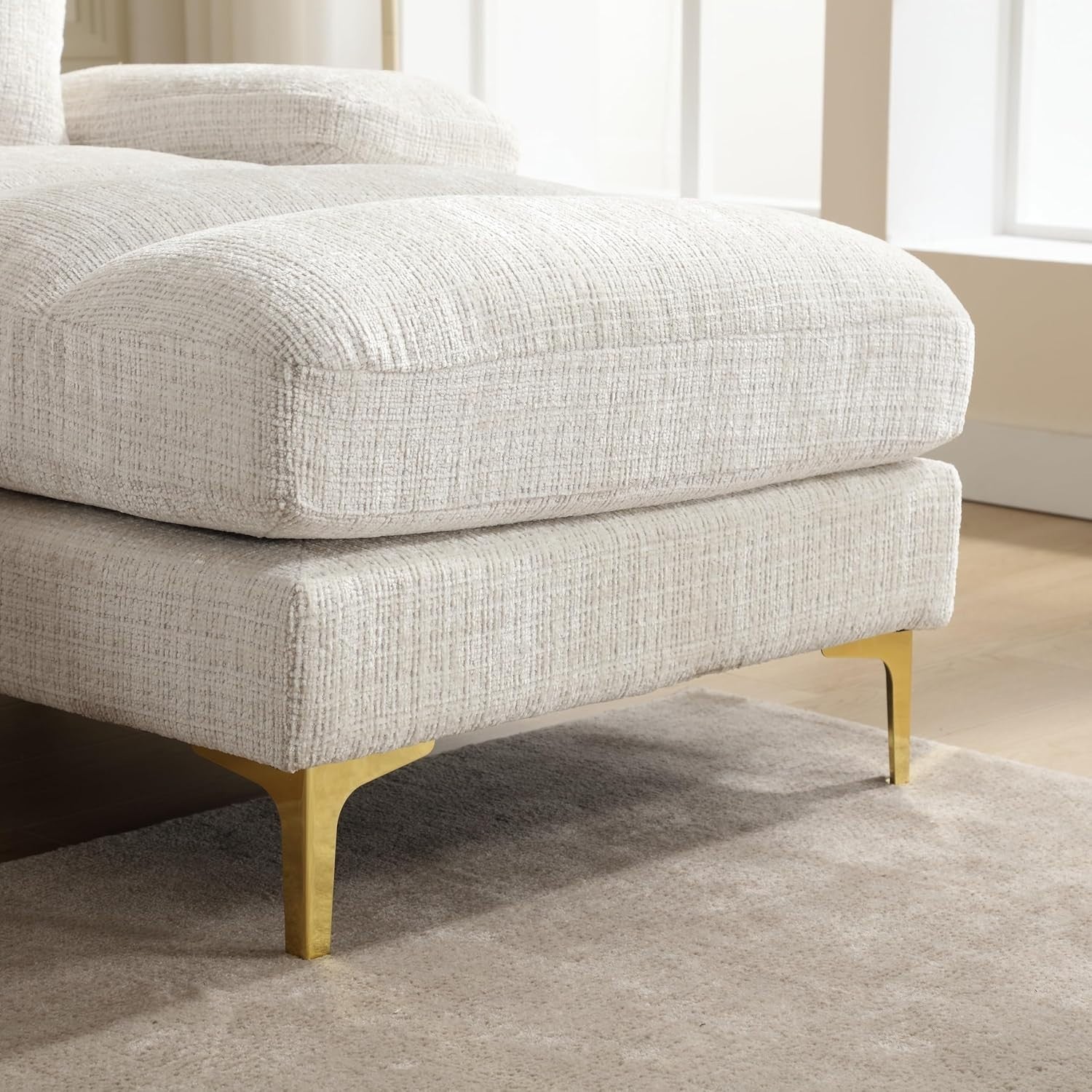 4 Seater U-Shaped Sofa Beige Chenille Sectional with Double Chaise & 4 Pillows