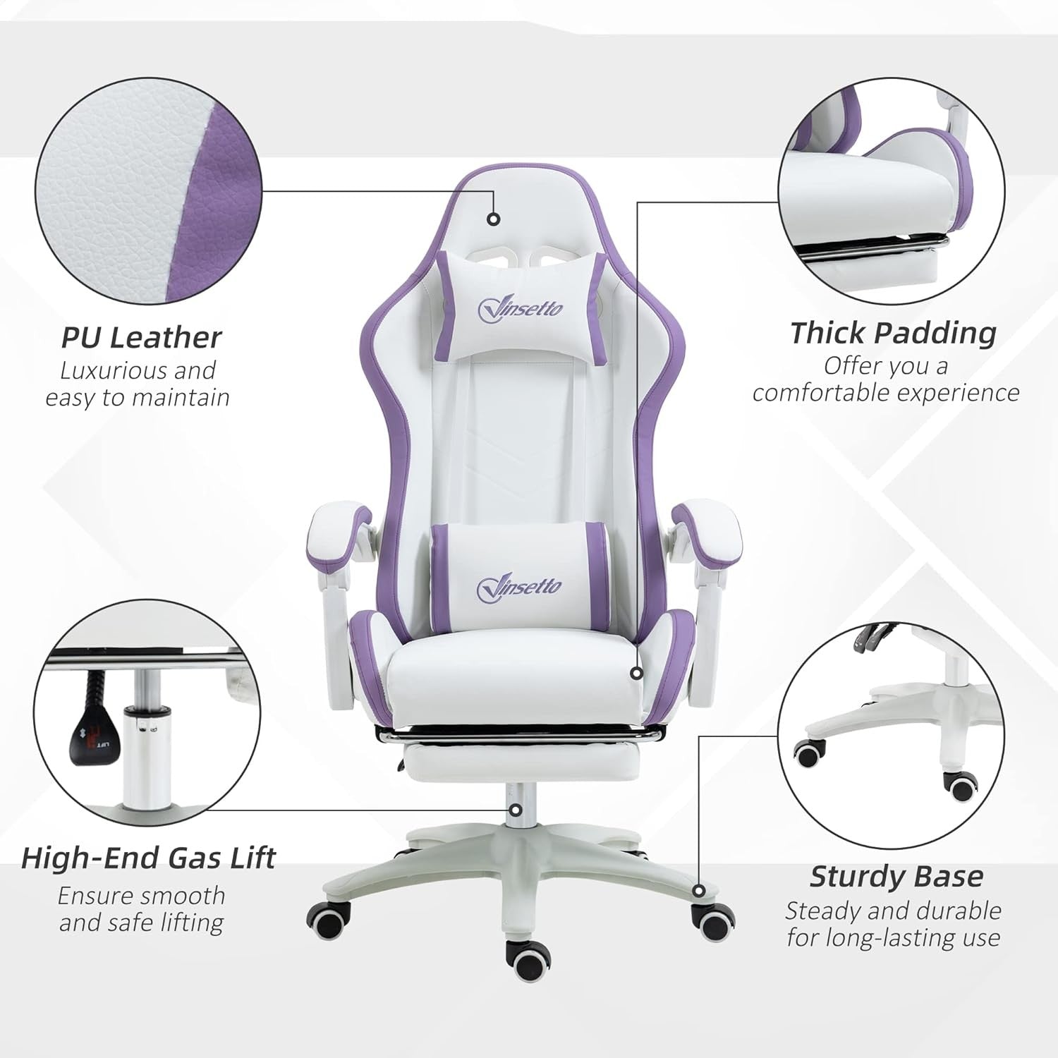 Gaming Chair PU Leather Recliner w/ Footrest 135° Swivel White Purple