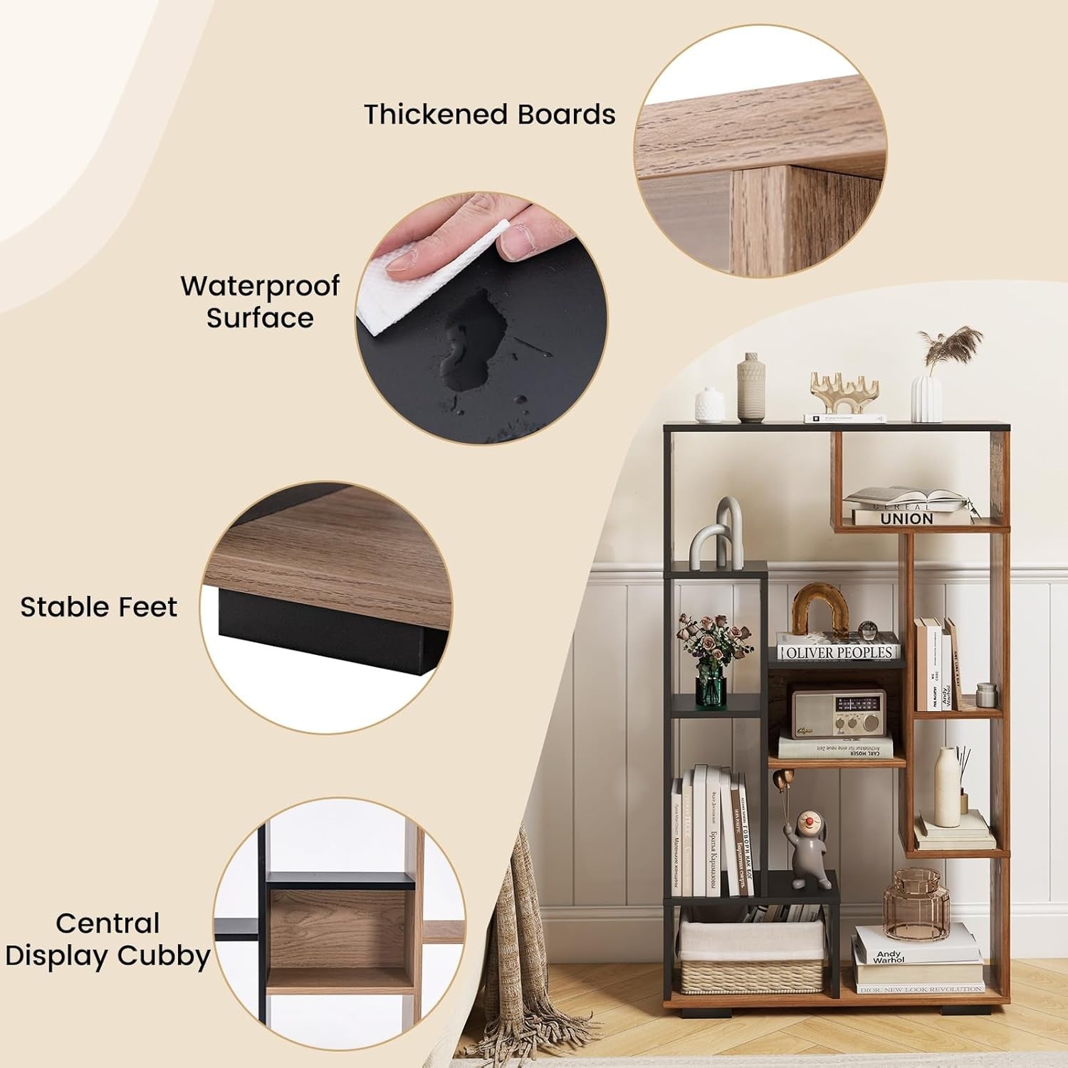 11-Cube Geometric Bookcase Black Natural | Modern Freestanding Display Storage