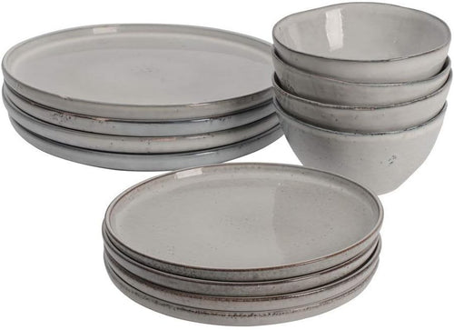 12pc Stoneware Dinner Set Grey Reactive Glaze Plates Bowls Dishwasher Safe