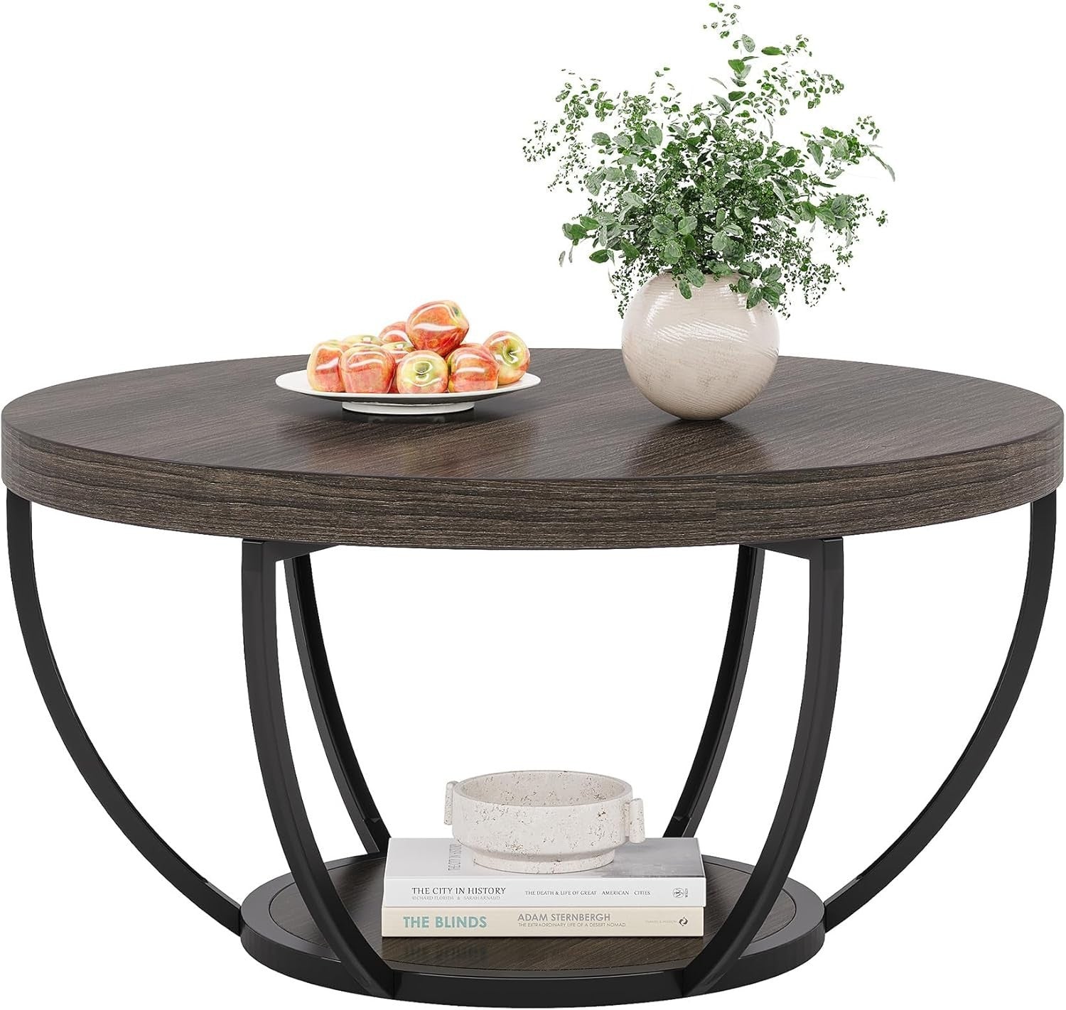 Round 2-Tier Coffee Table with Storage, Grey Wood Grain, 80.5x44cm