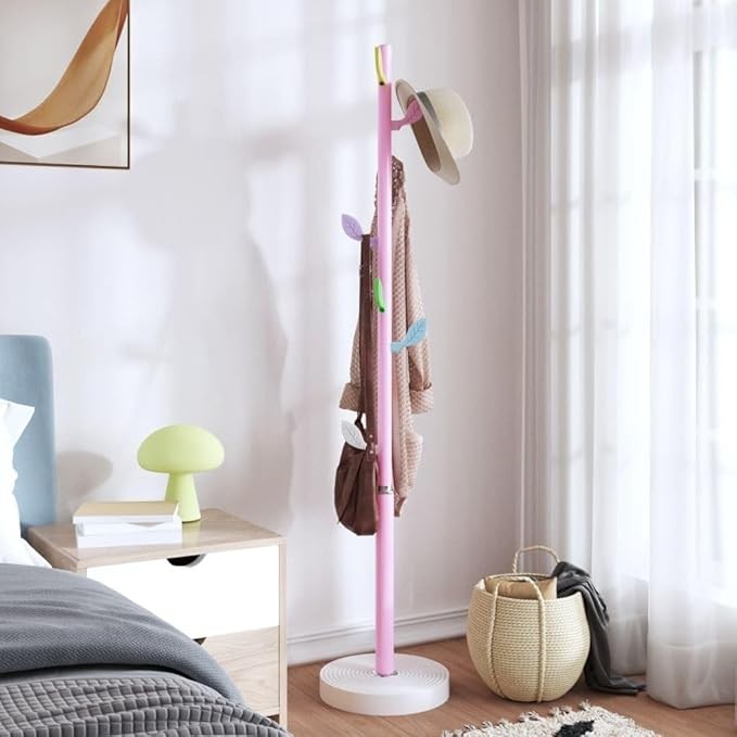 Modern Pink Metal Coat Rack Stand | Freestanding Hall Tree with Heavy Cement Bas