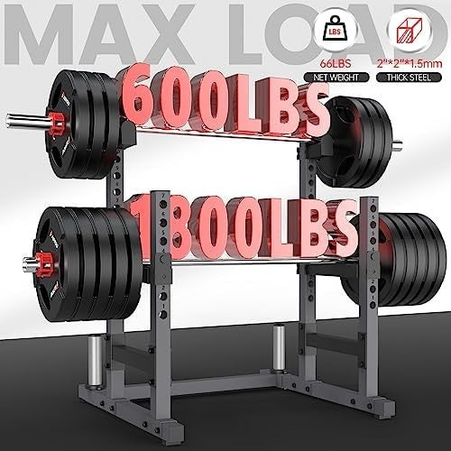 Adjustable Squat Rack Black Heavy-Duty with J-Hooks & Plate Storage