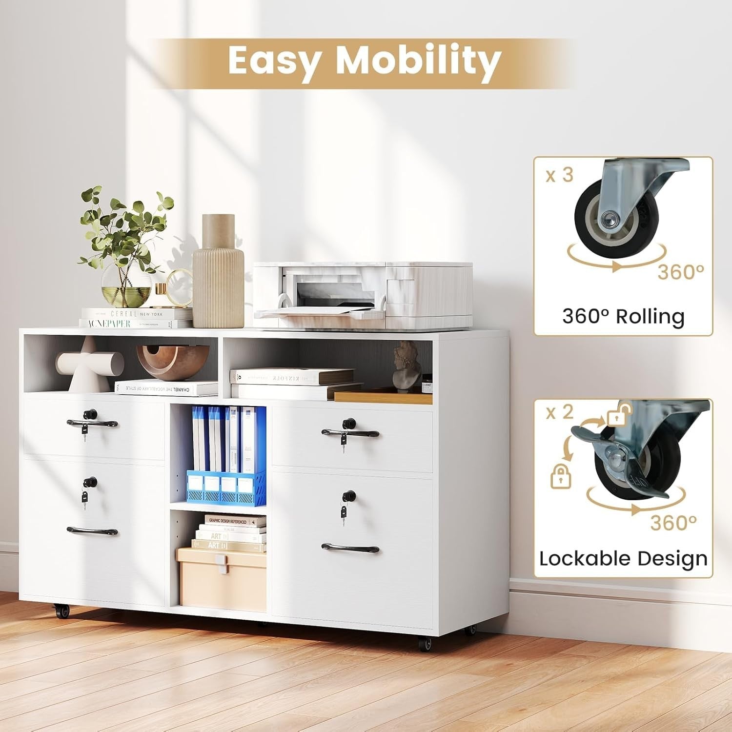 Wide Mobile File Cabinet 4 Drawer Lockable Lateral Printer Stand