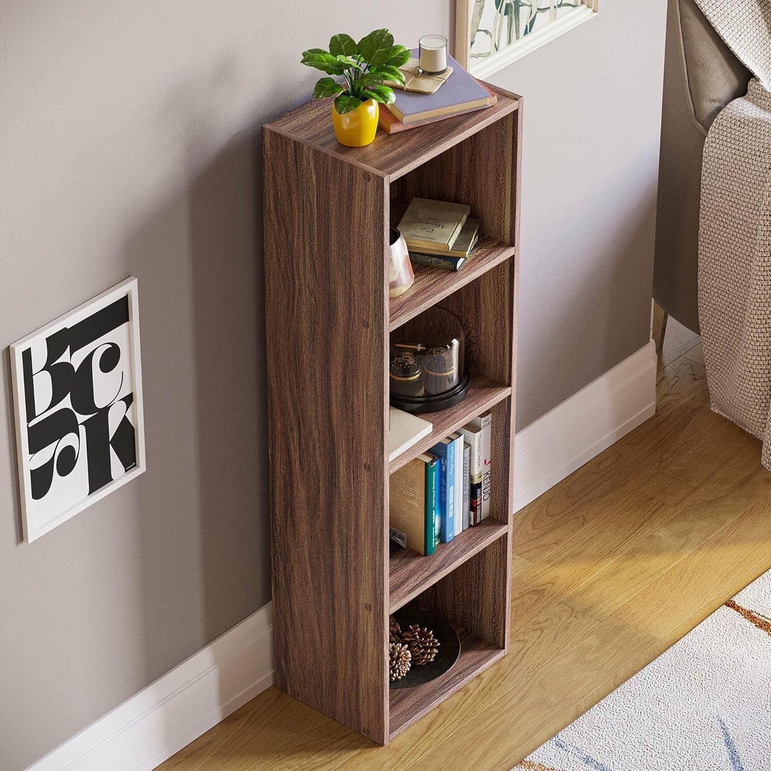 4 Tier Walnut Wooden Cube Bookcase Small Storage Shelf for Living Room Office