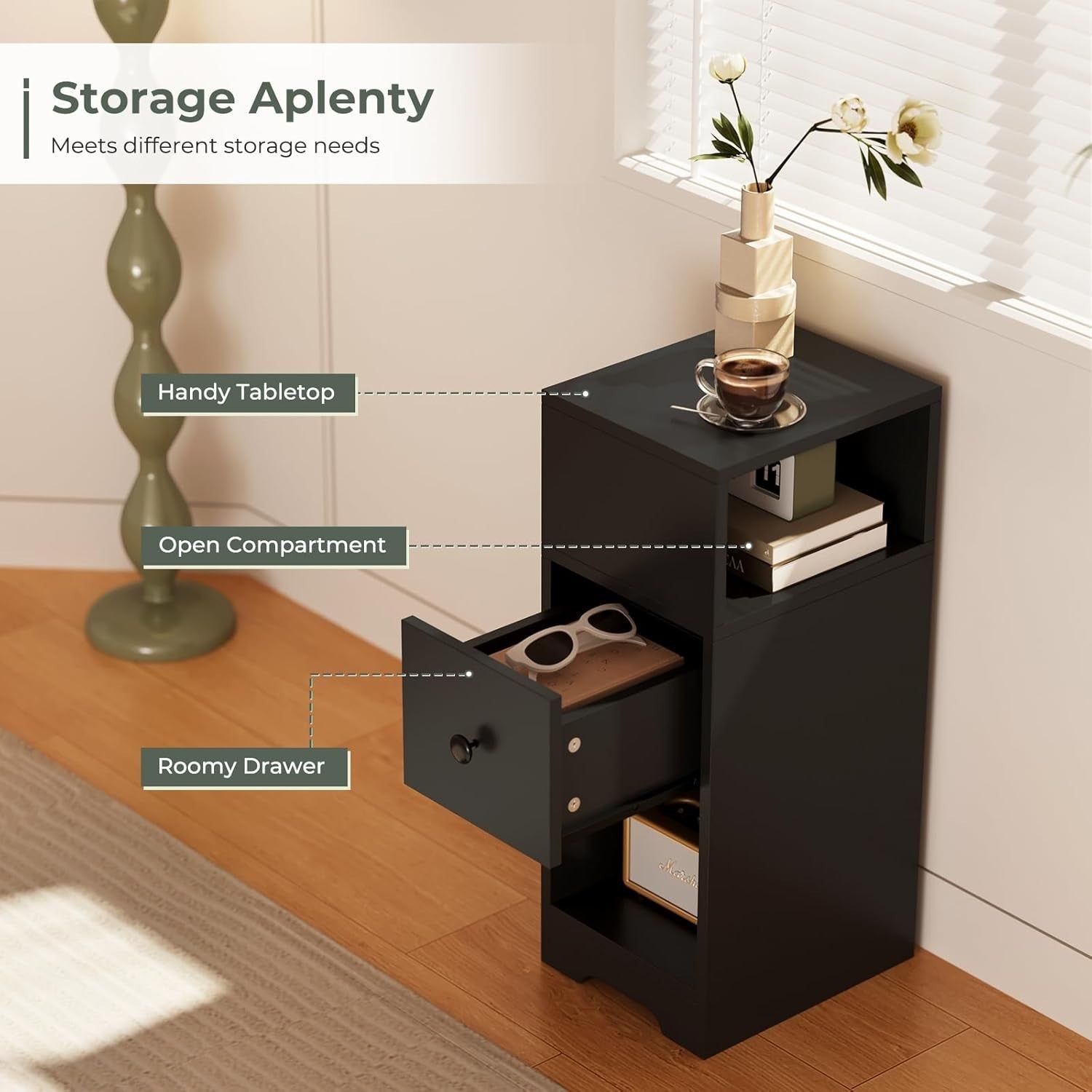 Set of 2 Slim Black Bedside Tables with Drawer & Shelves | Modern