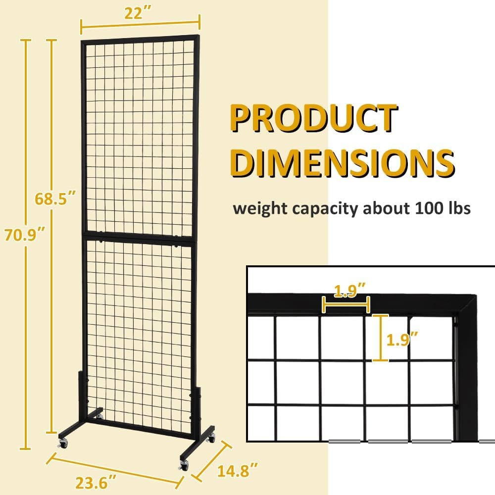 Freestanding Grid Wall Display Rack with Wheels – Black Wire Grid Panel Stand fo