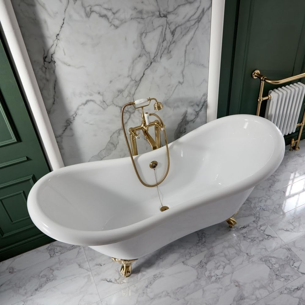 White Double Ended Freestanding Slipper Bath 1750x730mm Brass Claw Feet