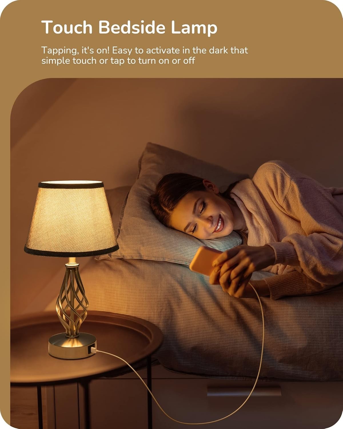 Dimmable Bedside Table Lamps Set of 2 with USB Charging & Touch Control