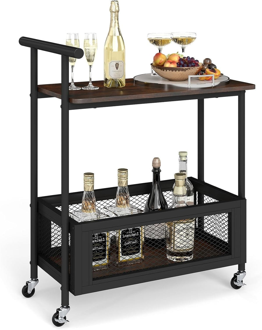 3 Tier Rolling Bar Cart Rustic Serving Trolley Drinks Storage Wheels