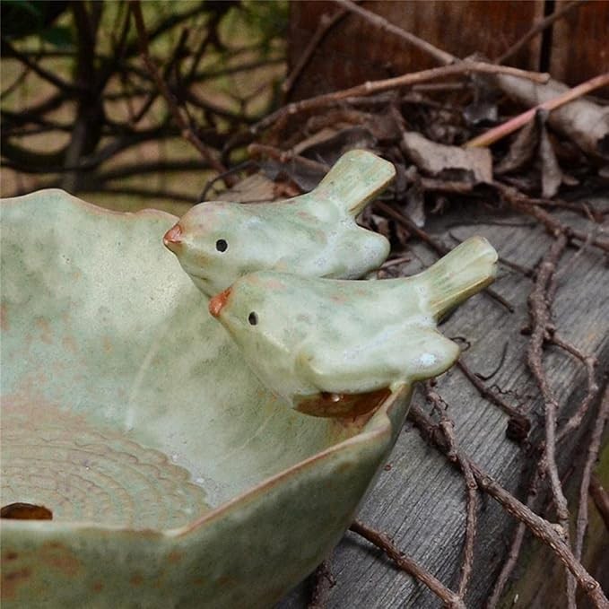 Ceramic Bird Bath Bowl Feeder – Garden Patio Ornament with Twin Bird Design