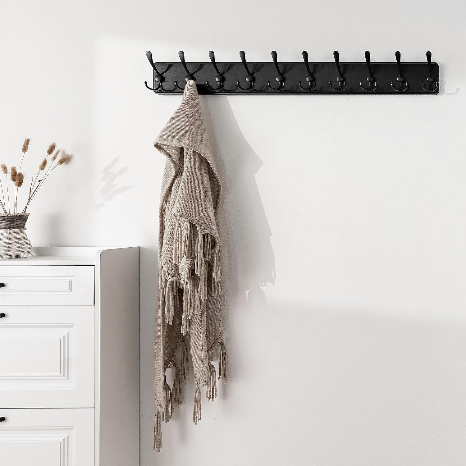 Set of 2 Black Wooden Wall Coat Racks 38" | Rustic Heavy Duty 10 Hook Organizer