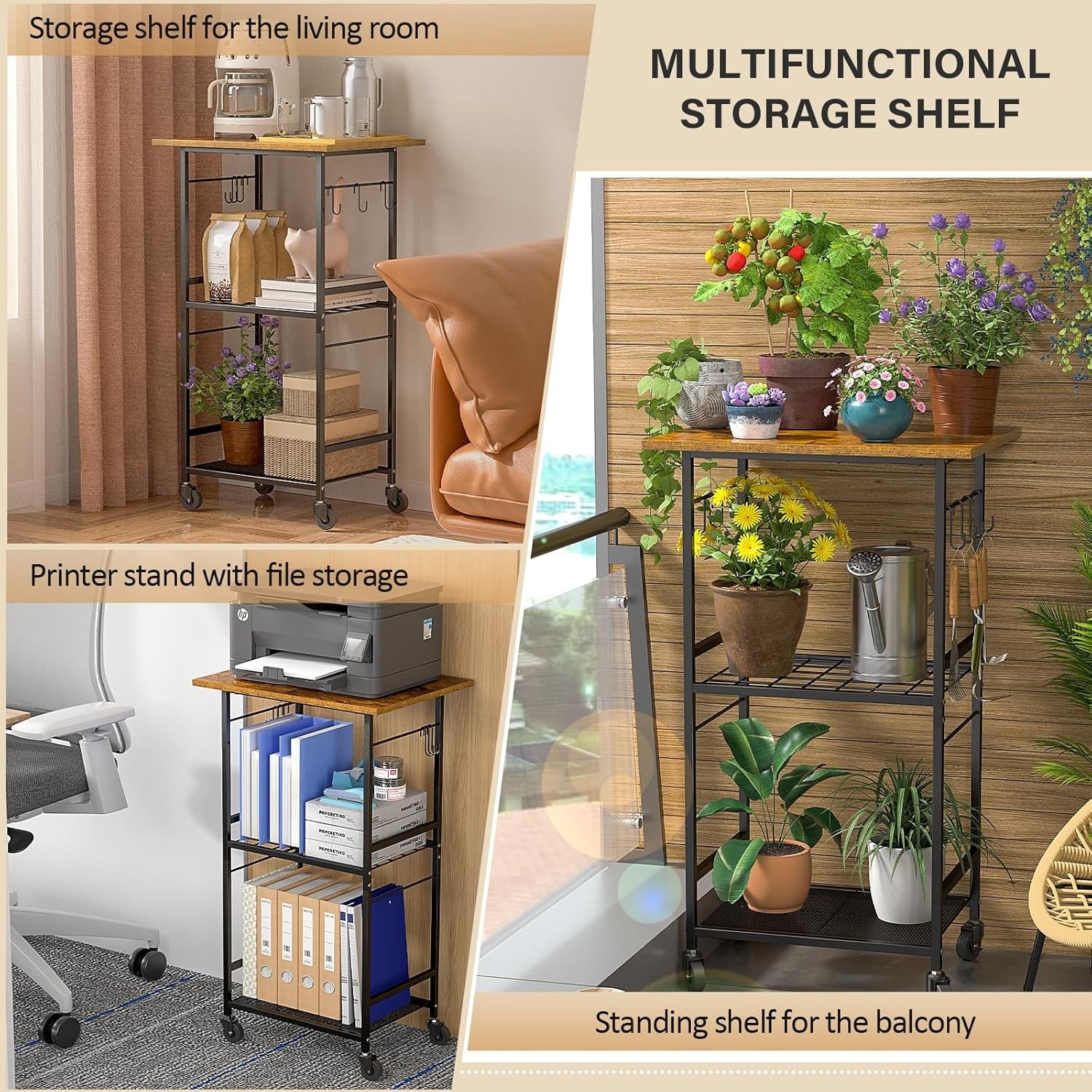 Rolling Microwave Cart 3 Tier Kitchen Storage Trolley Adjustable Shelf Wheels