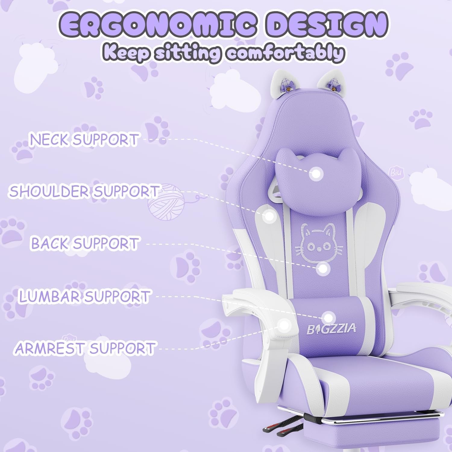 Purple Cat Ear Gaming Chair Massage Lumbar Recliner