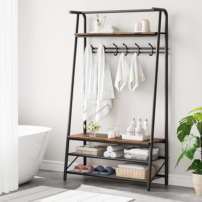 Rustic Brown 3-in-1 Coat Rack with Shoe Storage & 6 Hooks Metal Hall Tree