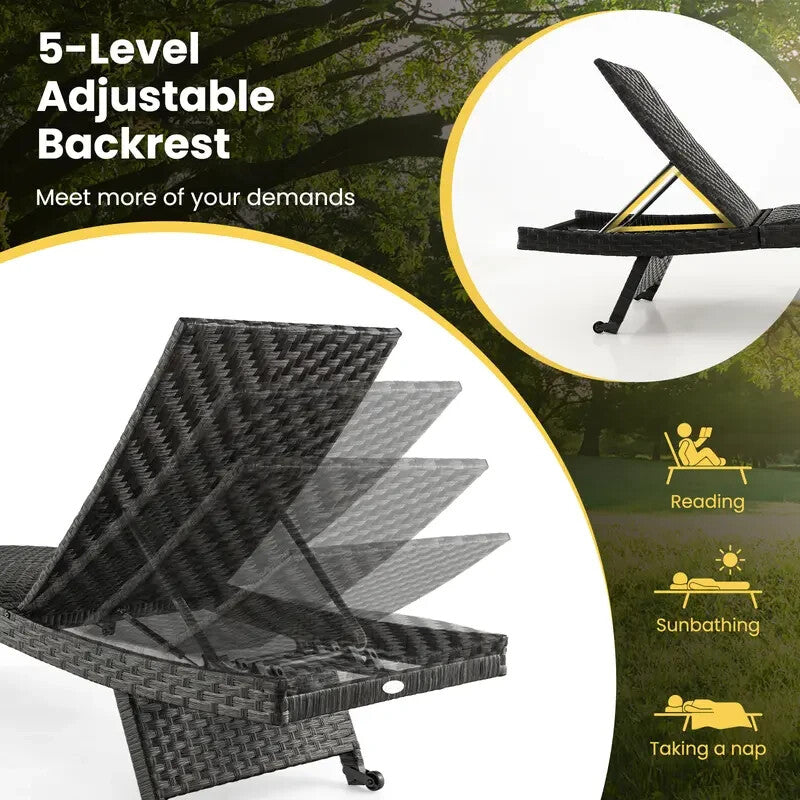 Folding Rattan Sun Lounger with Adjustable Backrest & Wheels – Outdoor Recliner