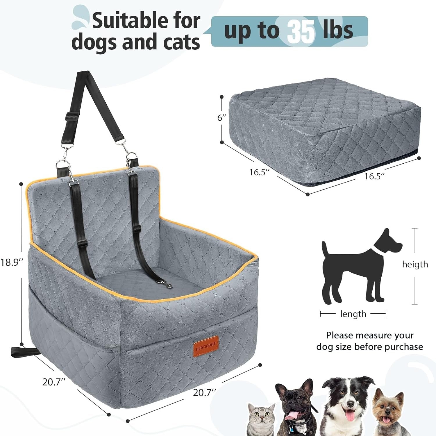 Elevated Dog Booster Car Seat Memory Foam Travel Bed Washable Grey