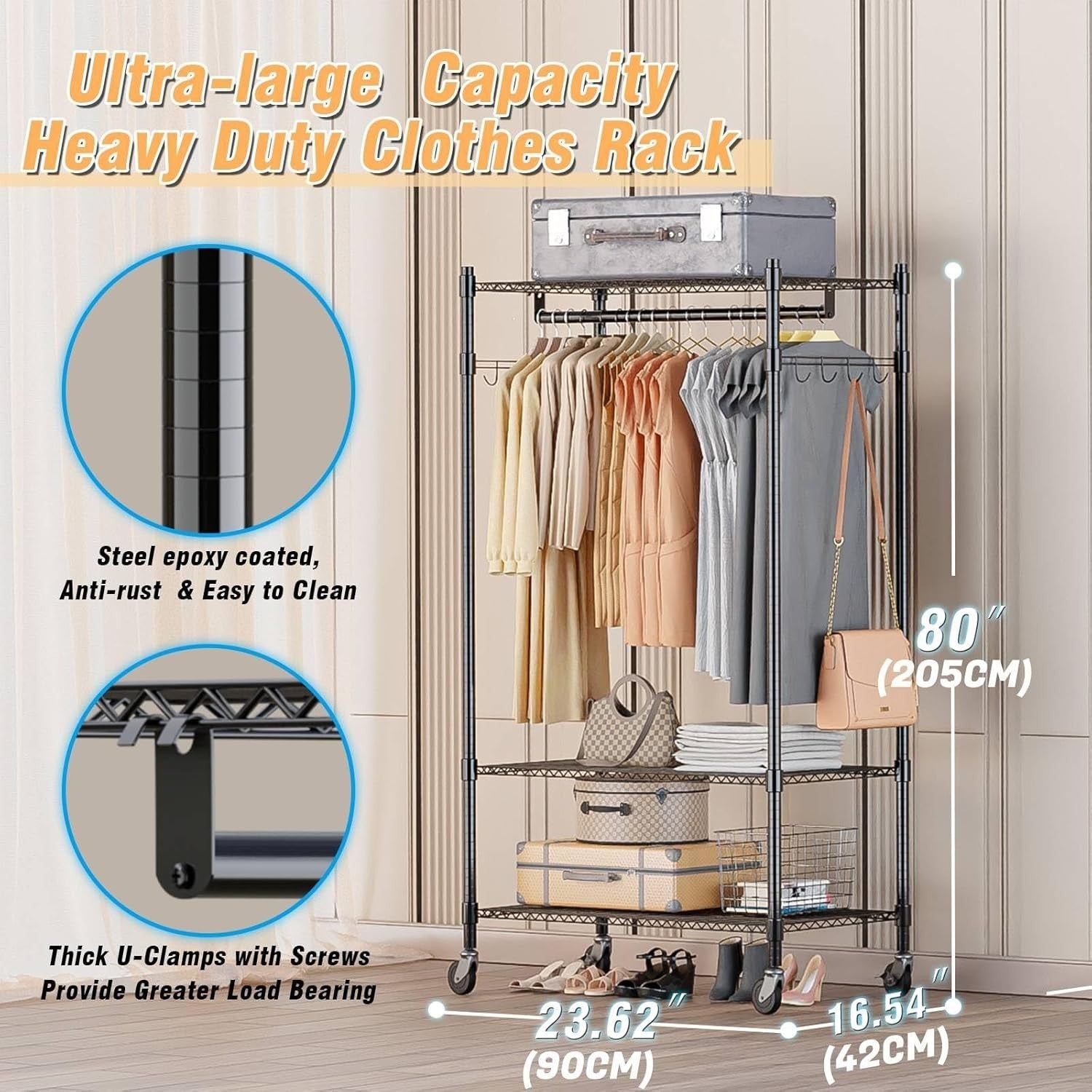 Heavy Duty 3-Tier Double Rod Clothes Rail with Wheels – Black 205cm