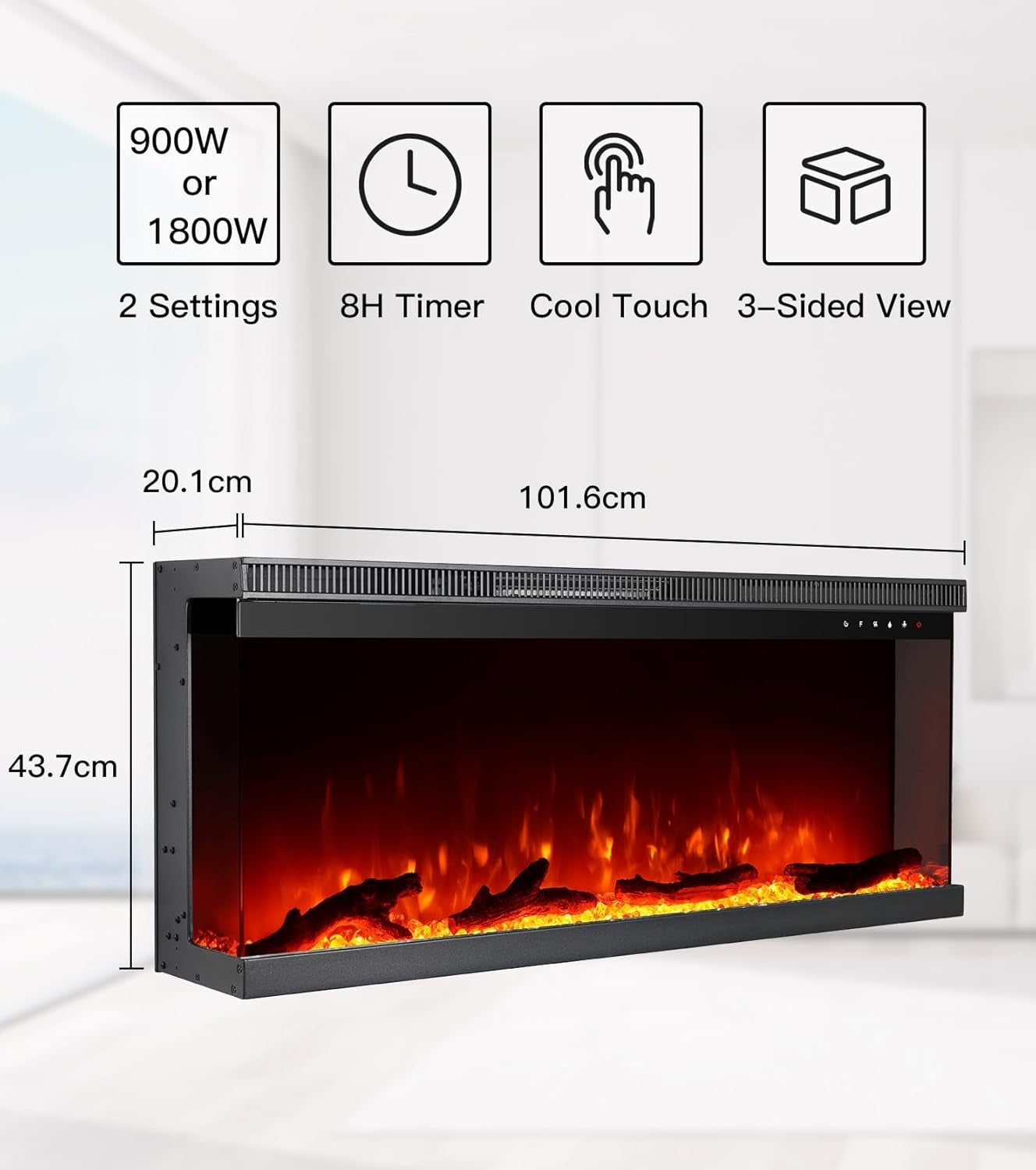 3-Sided Electric Fireplace 1800W Recessed Wall-Mount Flame Effect Black