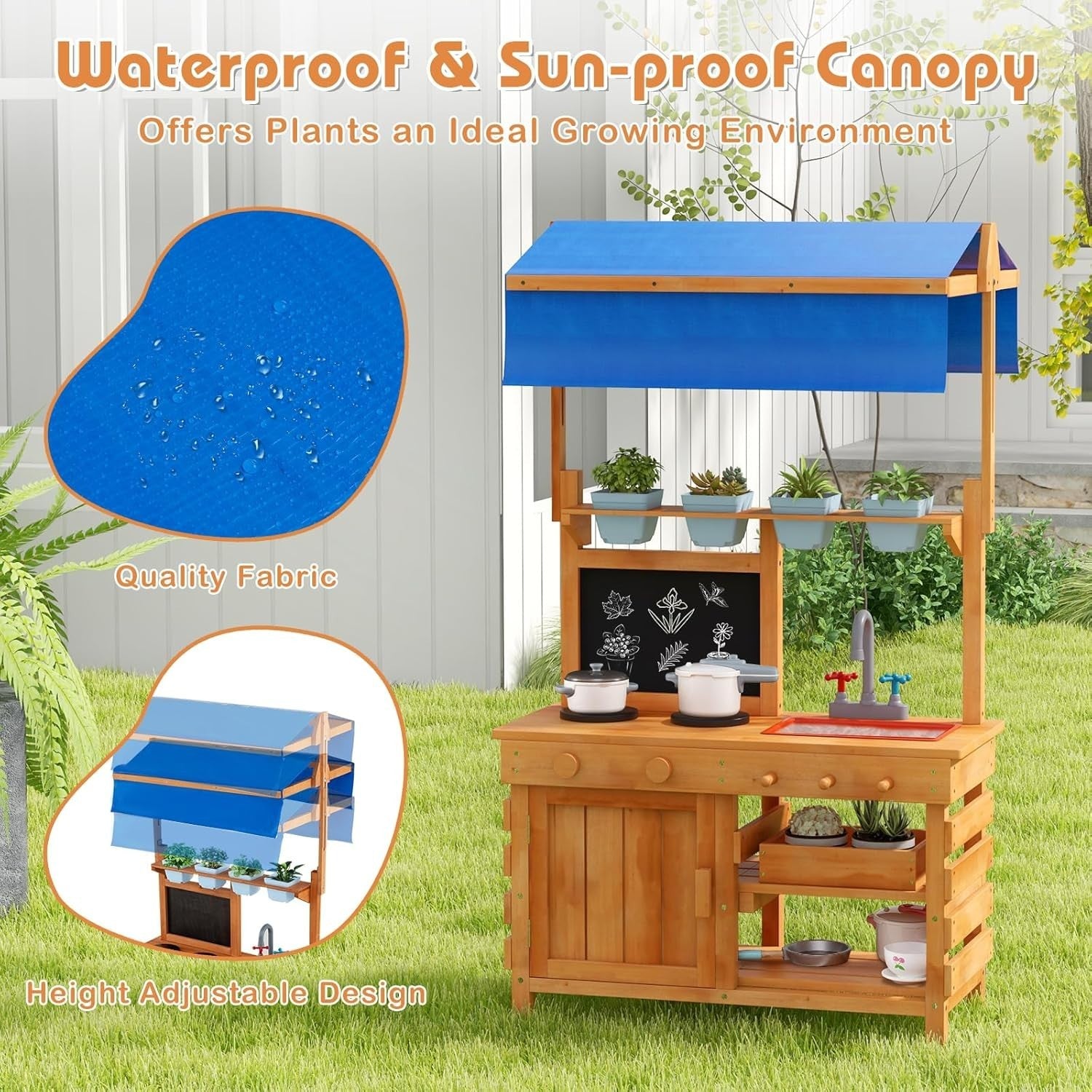 Outdoor Mud Kitchen Kids Playset w/ Canopy Sink Pots Chalkboard