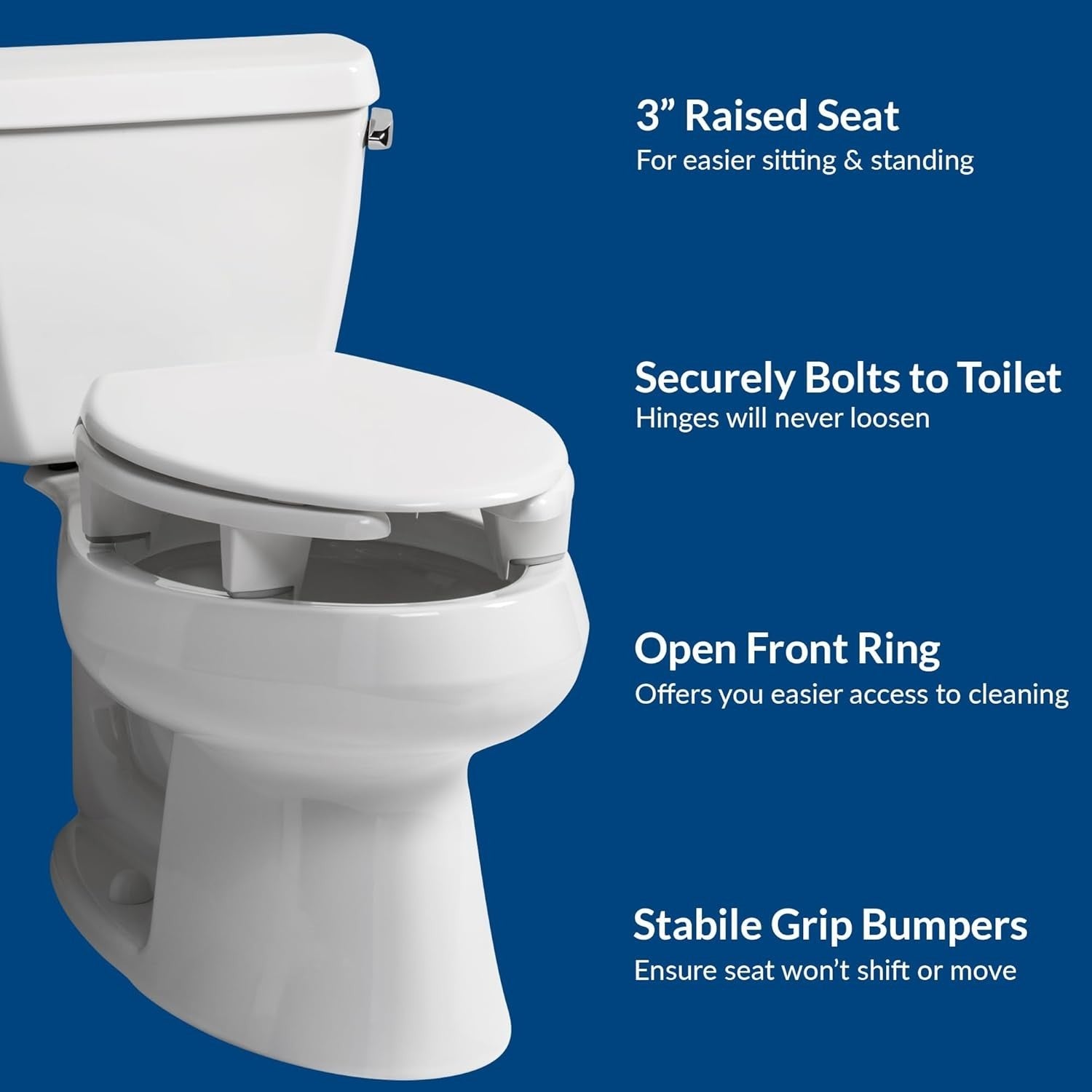 Elevated Toilet Seat 3" Lift White Elongated Open Front Snap 2 Secure