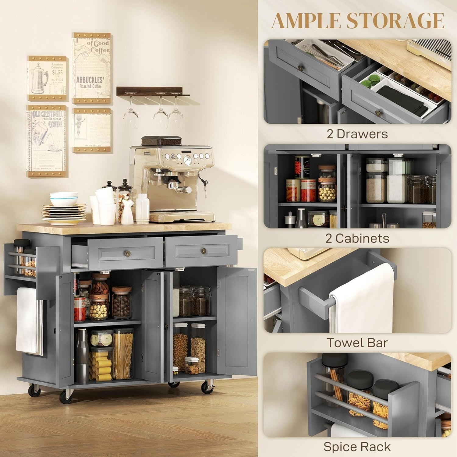 Rolling Kitchen Island Trolley with Drawers,Shelves & Rubber Wood Top 111x44.5cm