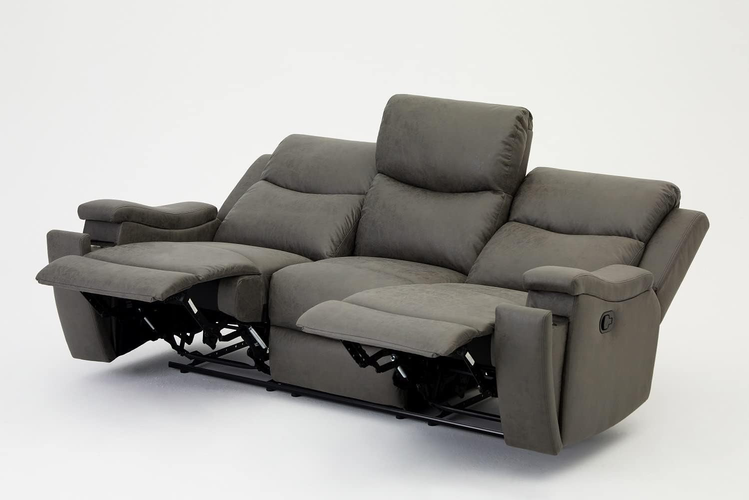 Grey Recliner Sofa 3 Seater Faux Leather Manual Lounge Chair w/ Cup Holders